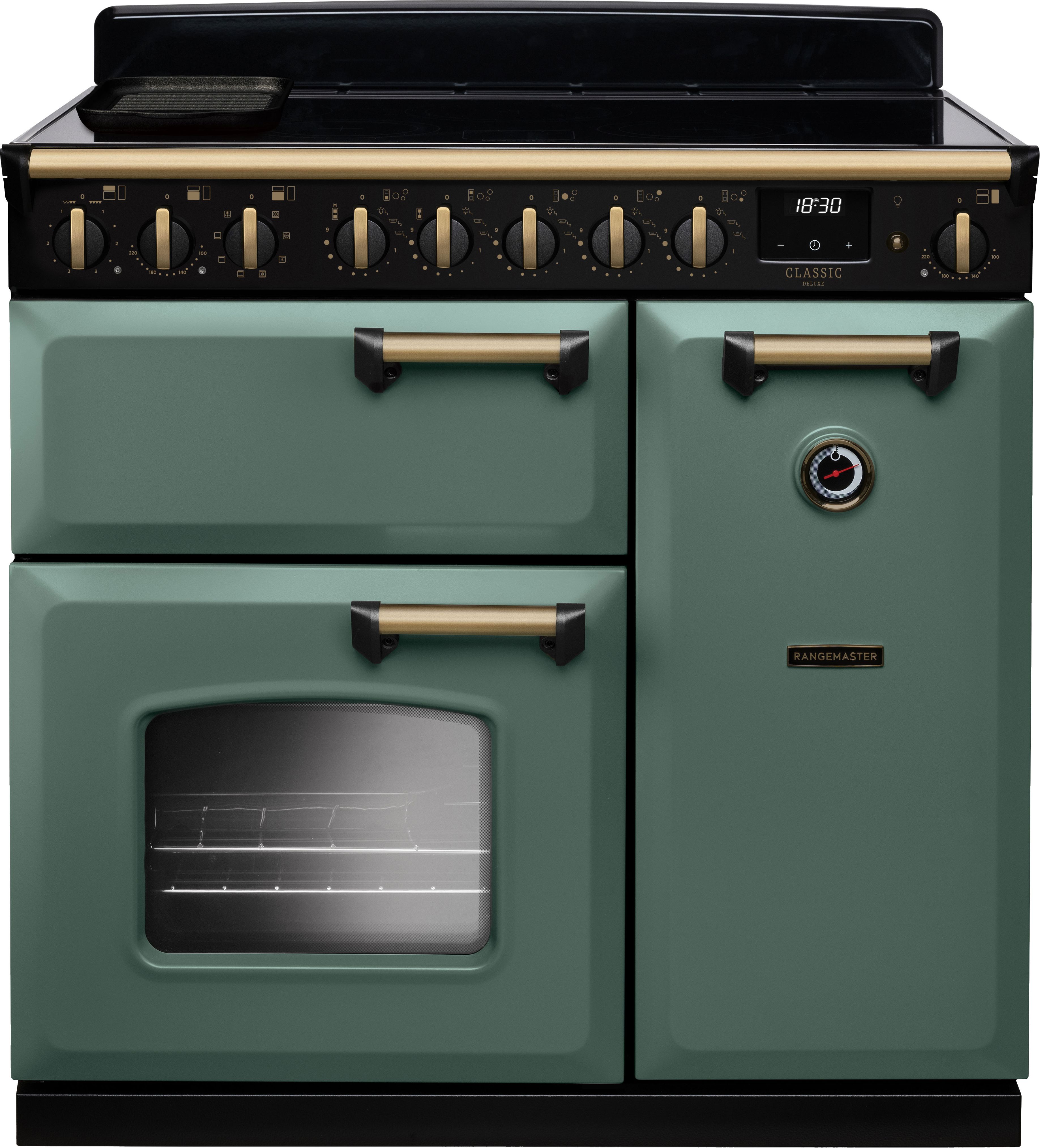 Image of Rangemaster Classic Deluxe CLDL90EIPMGR/AB1 90cm wide Electric Range Cooker with Induction Hob - Mineral Green / Antique Brass - A/A Rated, Green