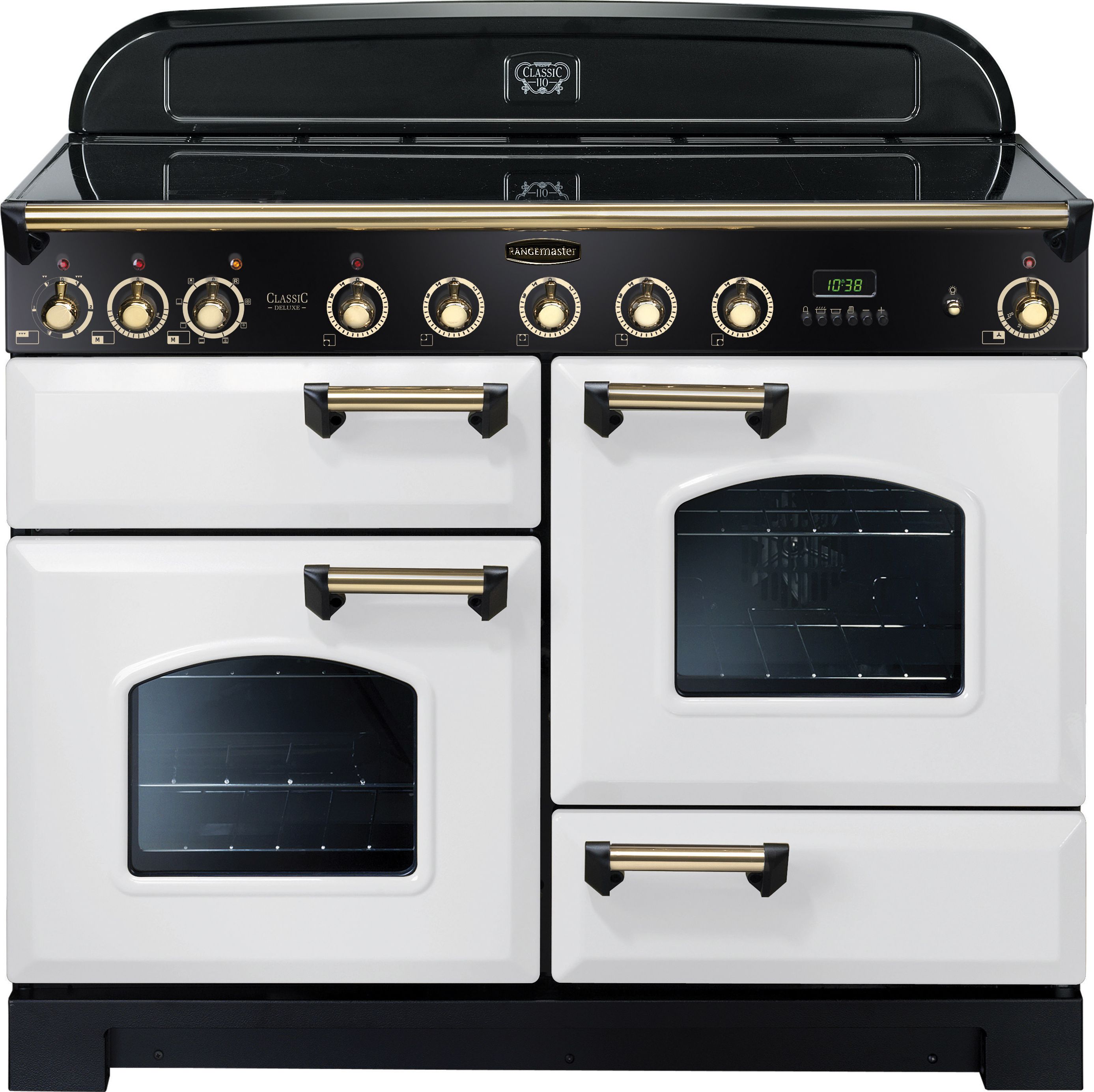 Rangemaster Classic Deluxe CDL110EIWH/B 110cm Electric Range Cooker with Induction Hob - White / Brass - A/A Rated, White