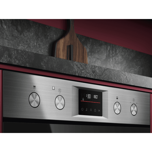 AEG 6000 Series OU5CU40M Built In Electric Double Oven - Stainless Steel - Control panel closeup in kitchen