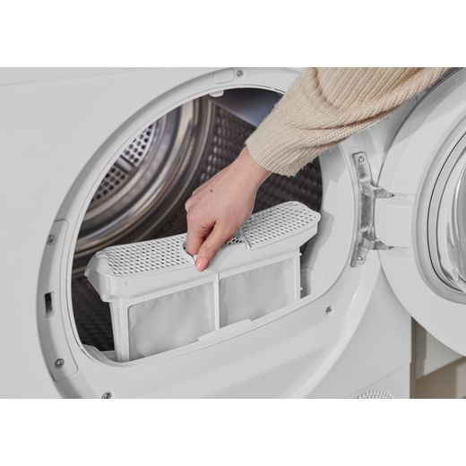 Bosch Series 4 WTH85226GB 8Kg Heat Pump Tumble Dryer - White  - person changing filter shot