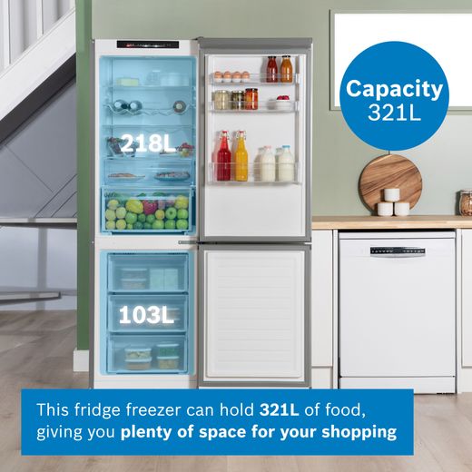 Bosch Series 4 60/40 Frost Free Fridge Freezer - Stainless Steel Effect  - Annotation - Capacity shot