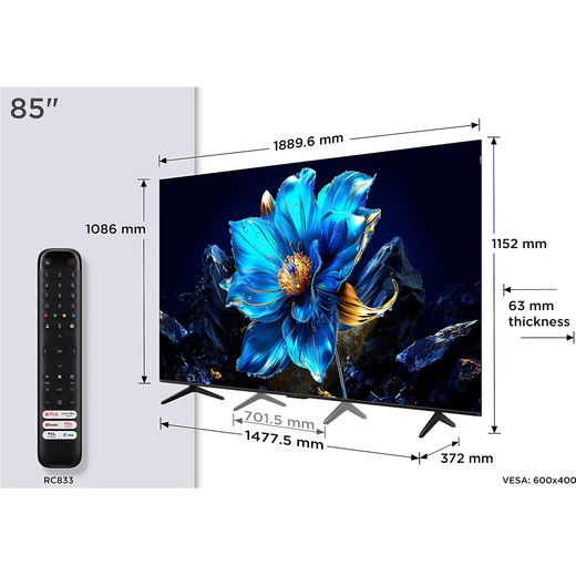 TCL 85P7K-UK TV Metallic - Annotations -Diemsnion shot