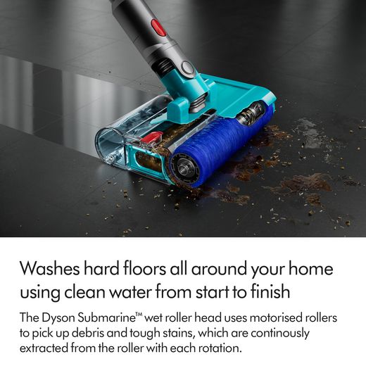 Dyson V15s Detect Submarine™ Wet and Dry Cleaner - Nickel / Yellow - Annotation - Washes hard floors with clean water