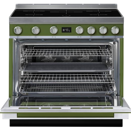 Smeg Portofino 90cm Electric Range Cooker with Induction Hob - Olive Green - Front with door open shot