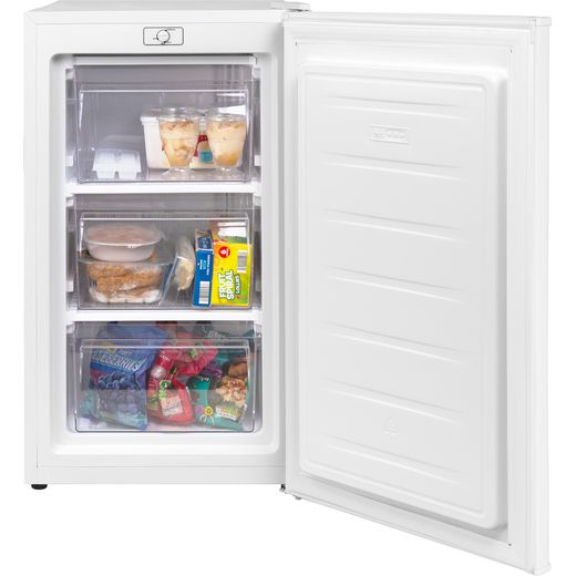 Russell Hobbs RH85UCFZ482E1W Integrated 85cm Small Upright Freezer - front with door opens shot