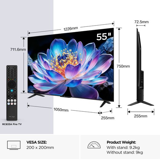 TCL 55" 4K Ultra HD Smart Fire TV [2026] - Dimensions