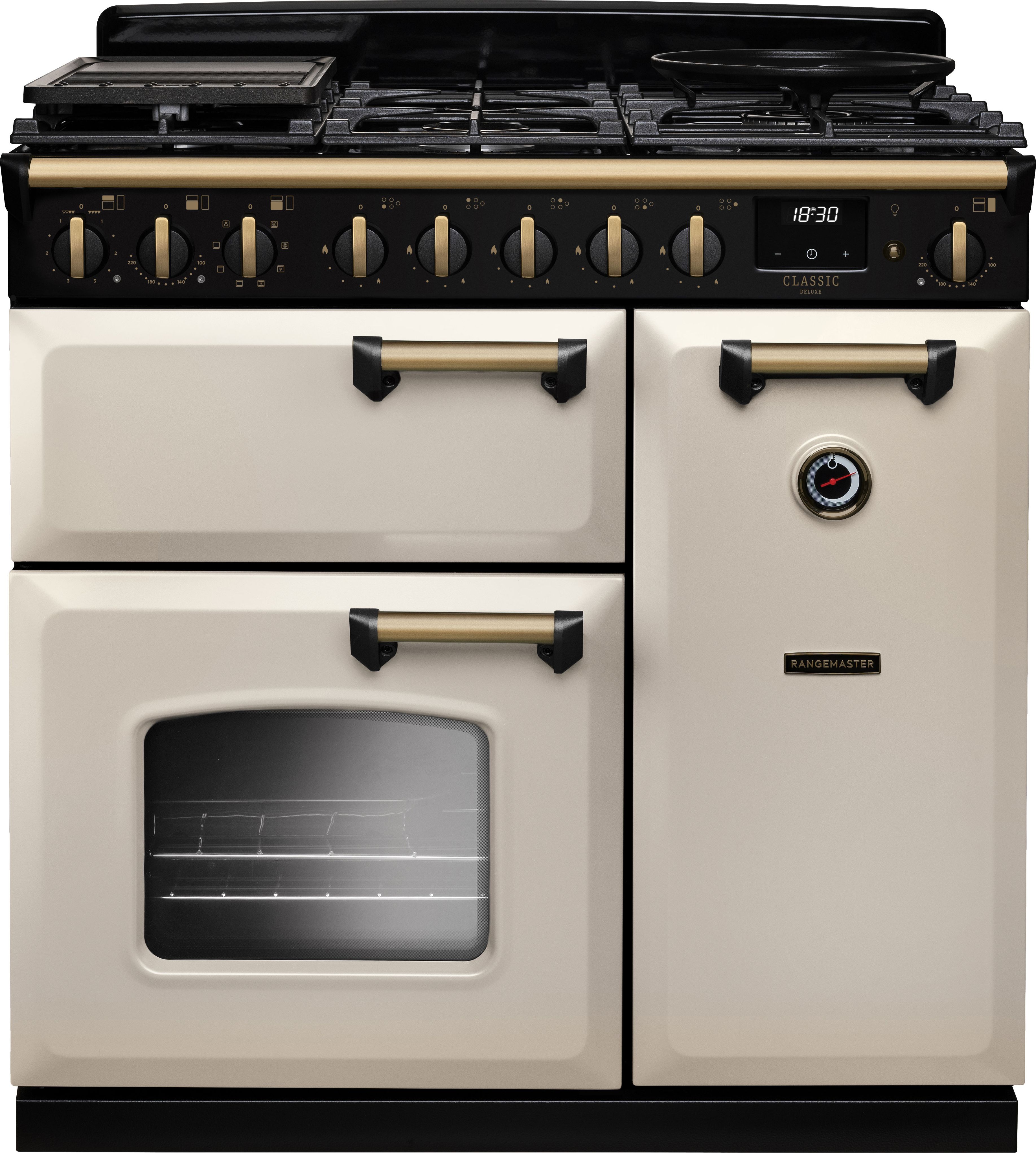 Image of Rangemaster Classic Deluxe 90 CLDL90DFPPCR/AB1 90cm wide Dual Fuel Range Cooker with Gas Hob - Cream / Antique Brass - A Rated, Cream