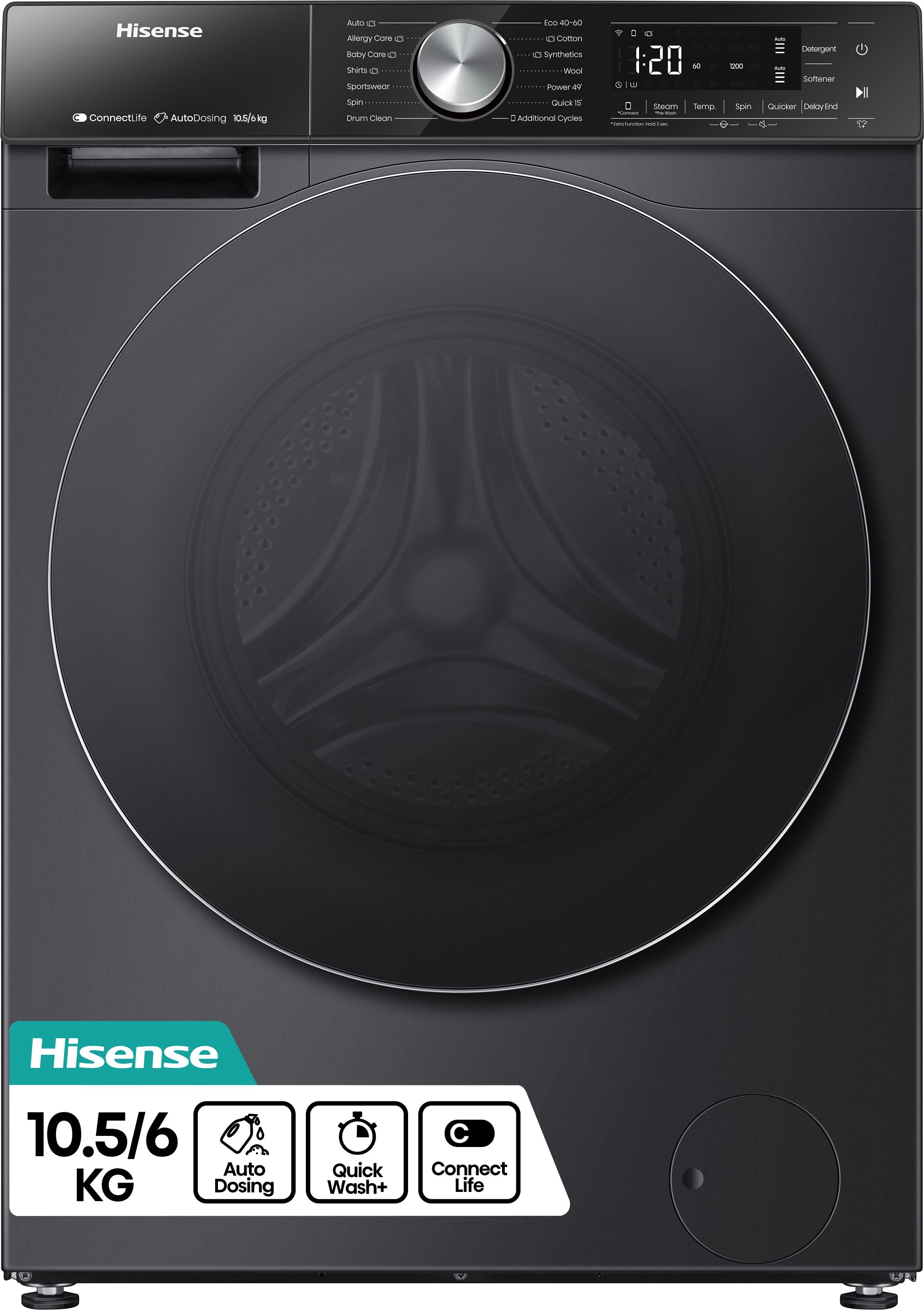 Image of Hisense 5S Series WD5S1045BB Wifi Connected 10.5Kg/6Kg Washer Dryer with 1400 rpm - Black, A Rated [Wash Only], Black