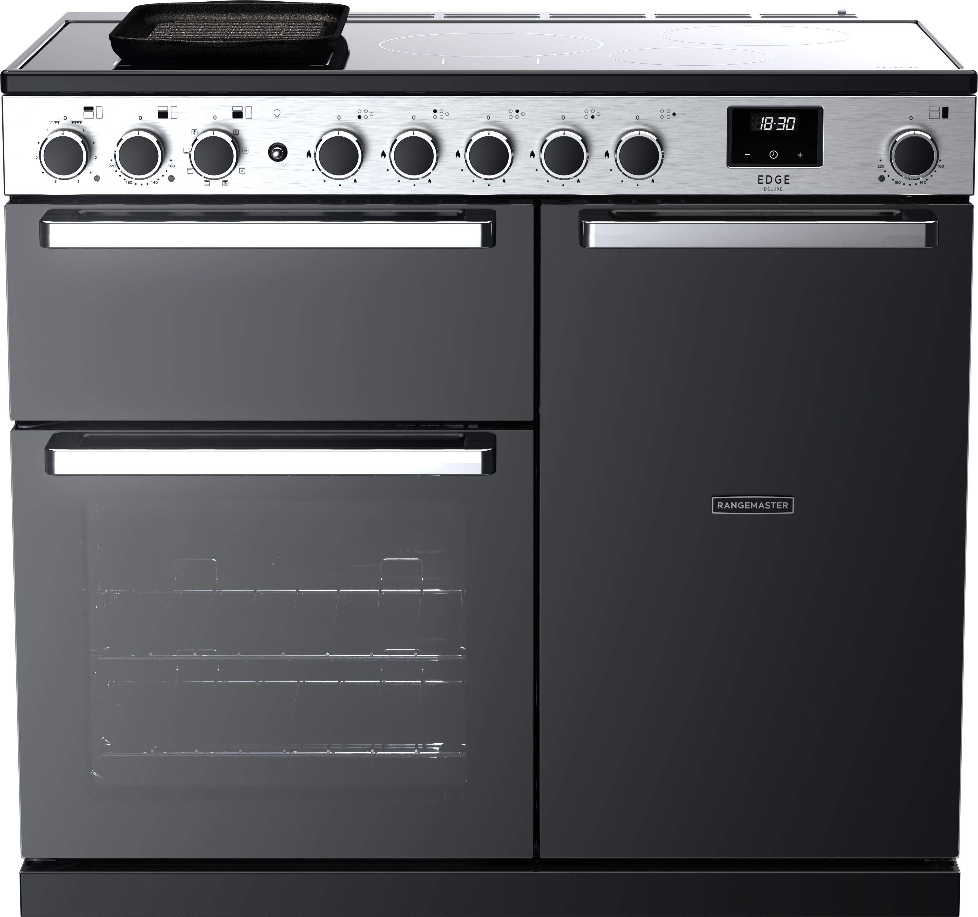 Image of Rangemaster Edge Deluxe EDDL100EIGBLK/CM1 100cm wide Electric Range Cooker with Induction Hob - Black Glass / Chrome - A/A Rated, Black