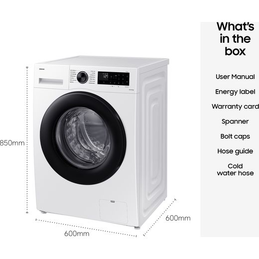 Samsung Series 5 AI Energy SpaceMax™ WW11DG5B25AEEU 11kg WiFi Connected Washing Machine with 1400 rpm - White - Dimensions