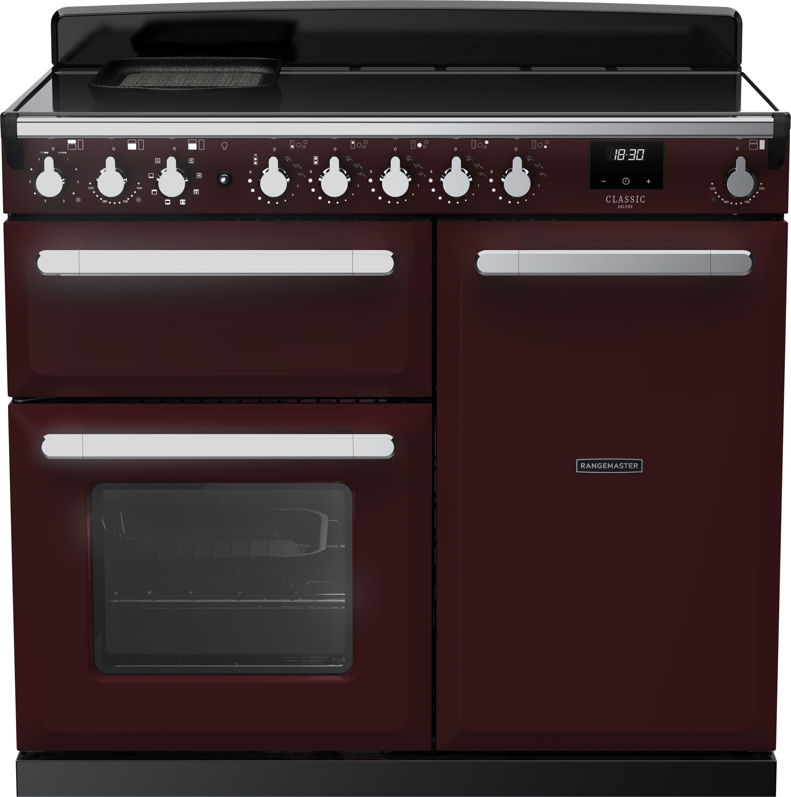 Image of Rangemaster Estel Deluxe ESDL100EIPBOR/CM1 100cm wide Electric Range Cooker with Induction Hob - Bordeaux / Chrome - A/A Rated, Red