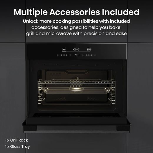 Hisense Hi6 BlackLine BIM45342ADBGUK Built In Compact Electric Single Oven with Microwave Function - Jet Black - Annotation - Multiple accessories shot