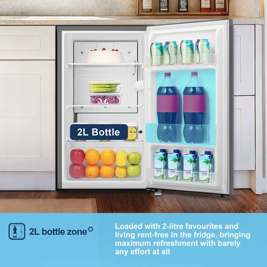 Fridgemaster MUL4892ES Compact 84cm Fridge - Silver - Annotation - Bottle zone shot