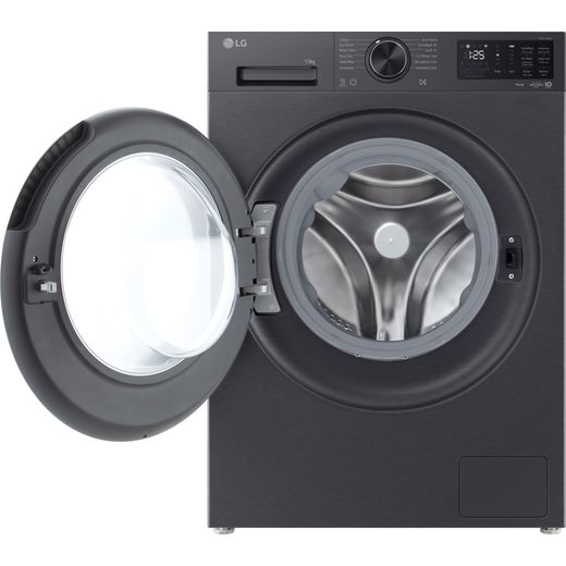 LG Series 5 AI Direct Drive F4X5013TBB 13kg Washing Machine with 1400 rpm - Essence Matte Black - front with door open shot