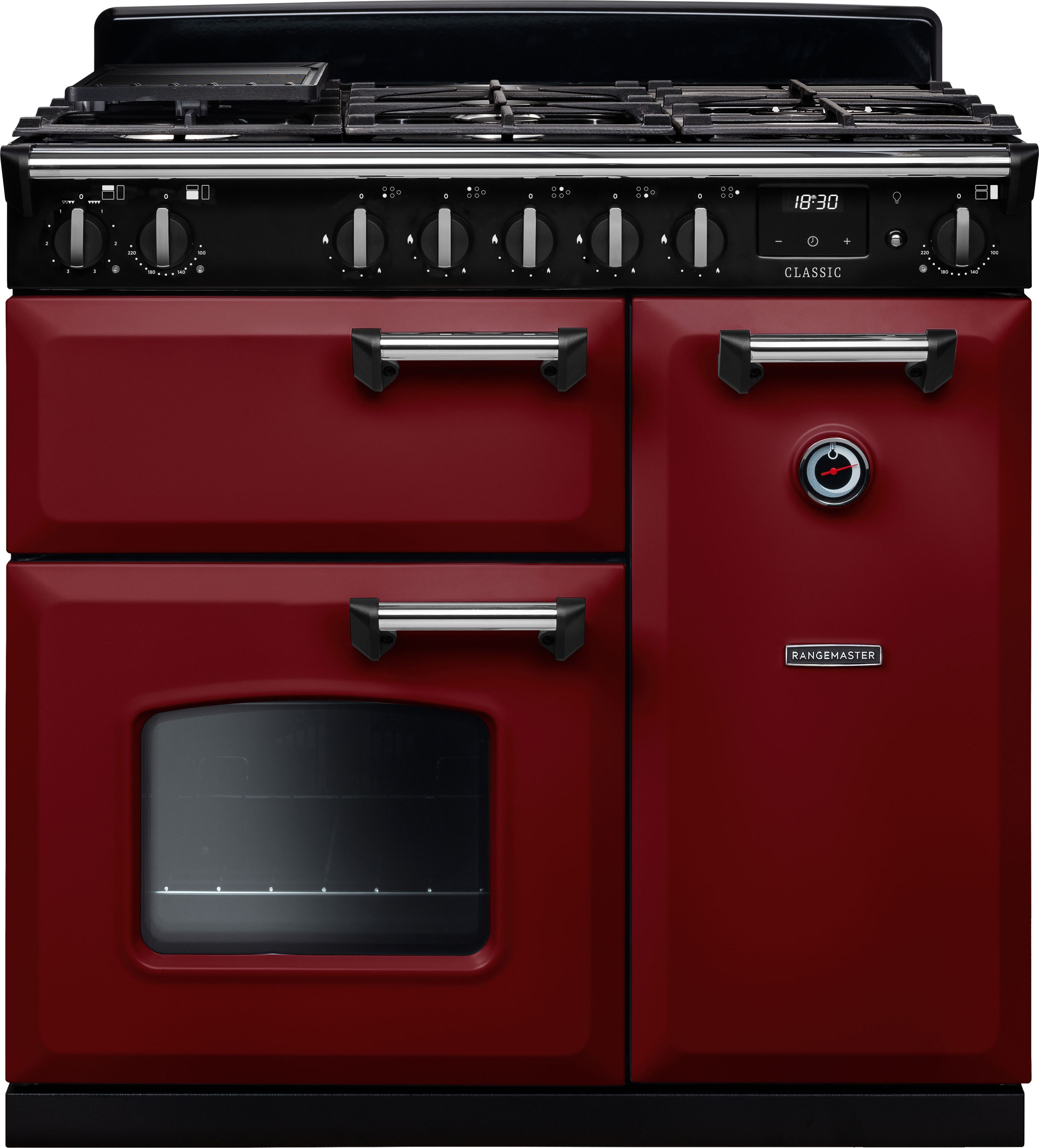 Image of Rangemaster Classic CL90DFPBOR/CM1 90cm wide Dual Fuel Range Cooker with Gas Hob - Bordeaux / Chrome - A/A Rated, Red