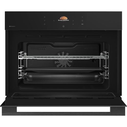 Hisense Hi8 BlackLine BIM4AH8UKWF Wifi Connected Built In Compact Electric Single Oven with Microwave Function - Jet Black - Front with door open shot