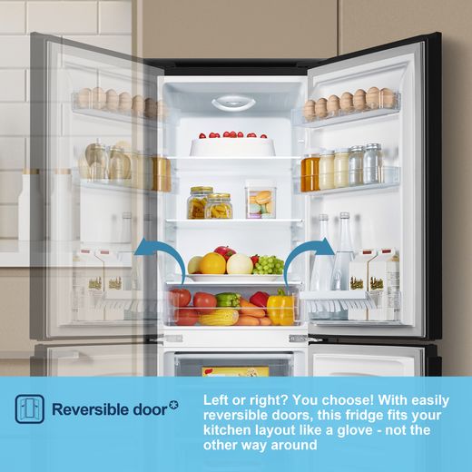 Fridgemaster MC50165EB 143cm 60/40 Small Fridge Freezer - Black - Annotation - Reversable door shot