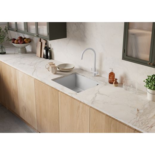 Rangemaster Oridian 1 Bowl Undermount Kitchen Sink - Arctic White - lifestyle - left perspective of sink in kitchen