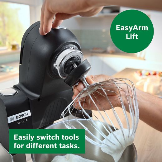 Bosch Series 6 MUMS6ZM00G Stand Mixer with 5.5 Litre Bowl - Black - Annotation - Easy arm shot