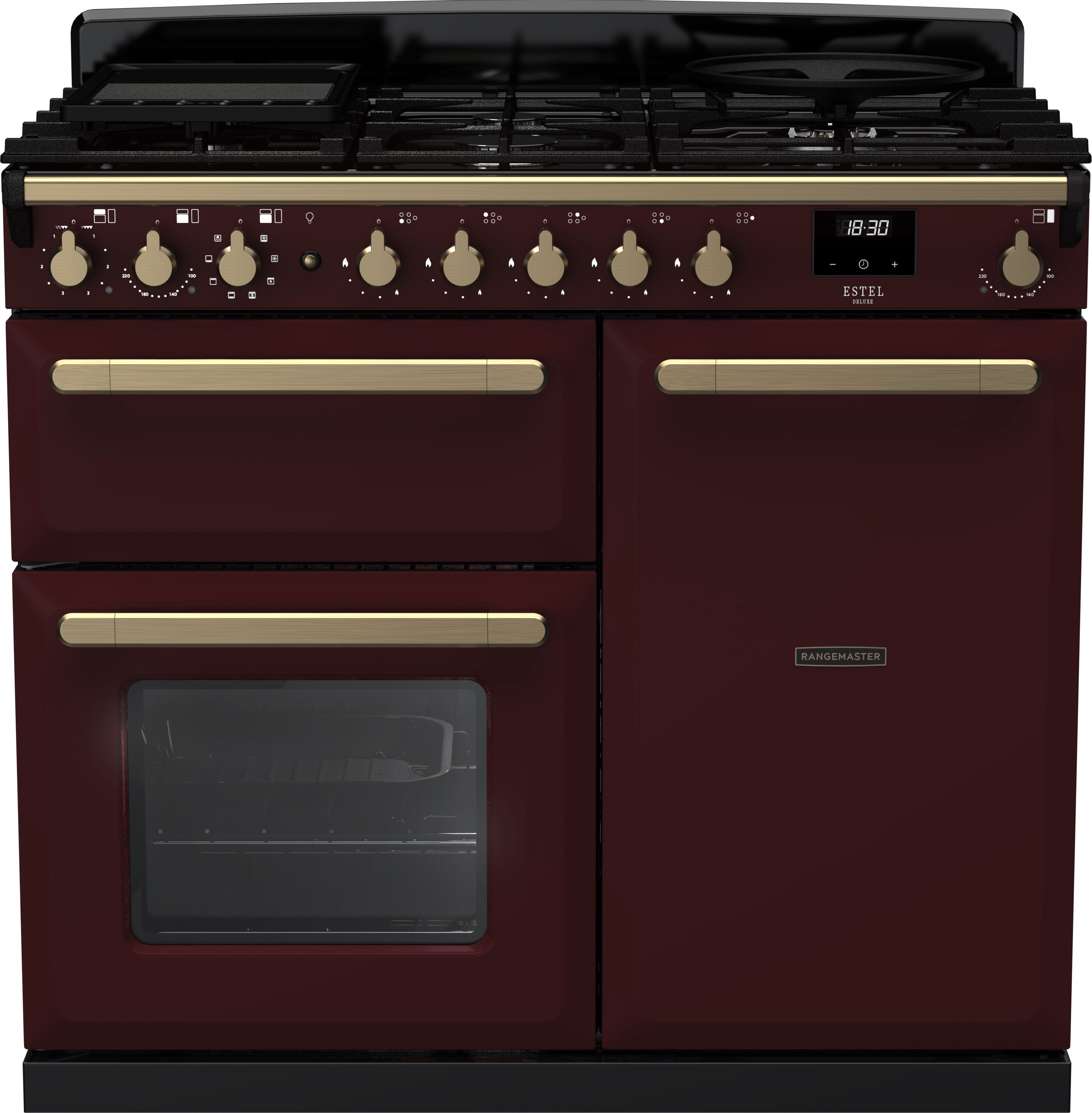 Image of Rangemaster Estel Deluxe ESDL100DFPBOR/AB1 100cm wide Dual Fuel Range Cooker with Gas Hob - Bordeaux / Antique Brass - A/A Rated, Red
