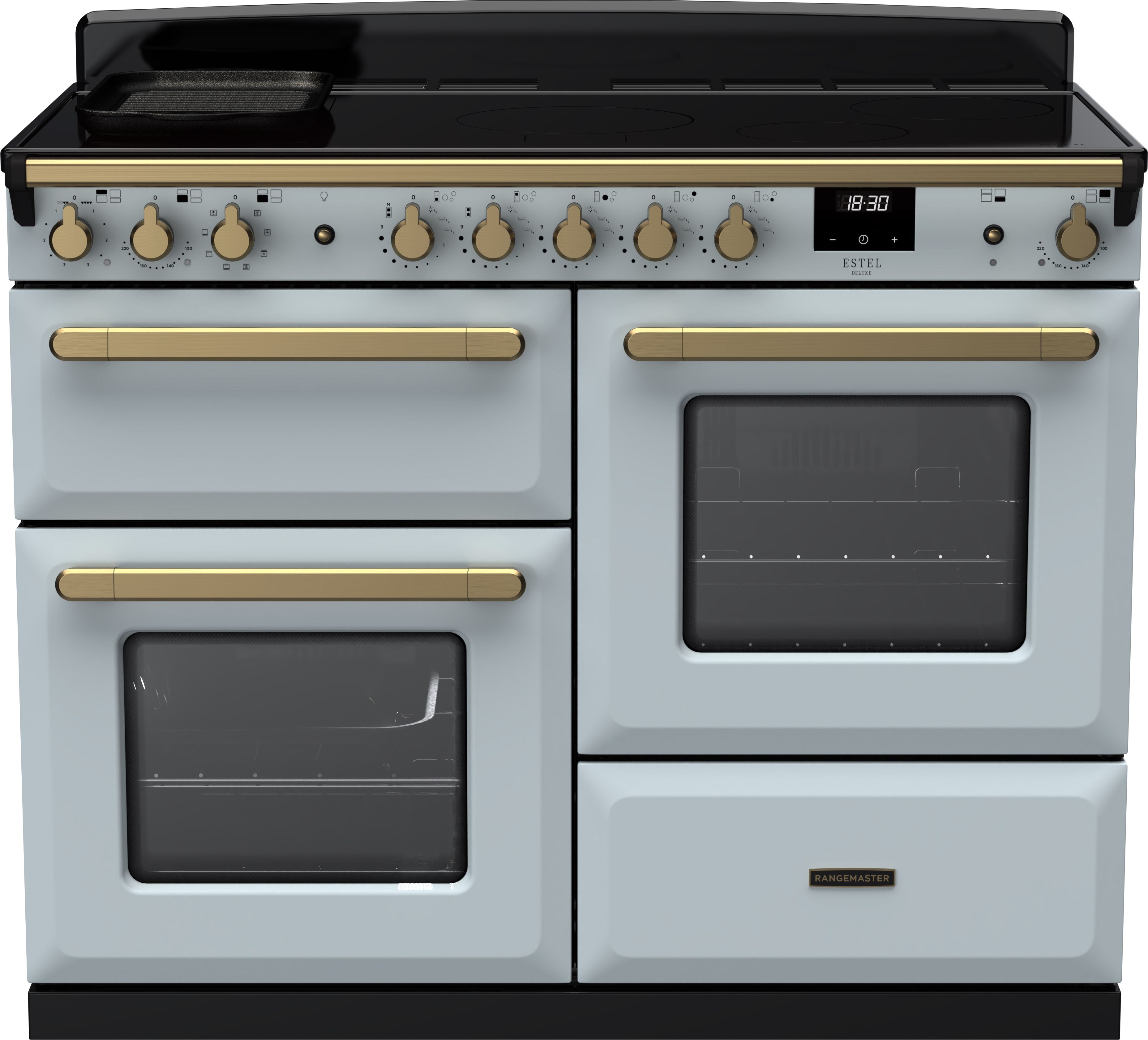 Image of Rangemaster Estel Deluxe ESDLO110EIPMSB/AB1 110cm wide Electric Range Cooker with Induction Hob - Misty Blue / Antique Brass - A Rated, Blue