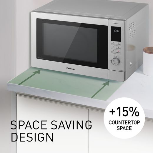 Panasonic 4-in-1 Air Fry NN-CD88QSBPQ 34 Litre 34cm High, Freestanding Combination Microwave Oven - Stainless Steel - annotation - space saving shot 