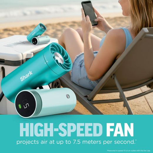 Shark ChillPill 3-in-1 Fan, Mist & InstaChill System Cordless Fan - Glacier - annotation - high speed fan