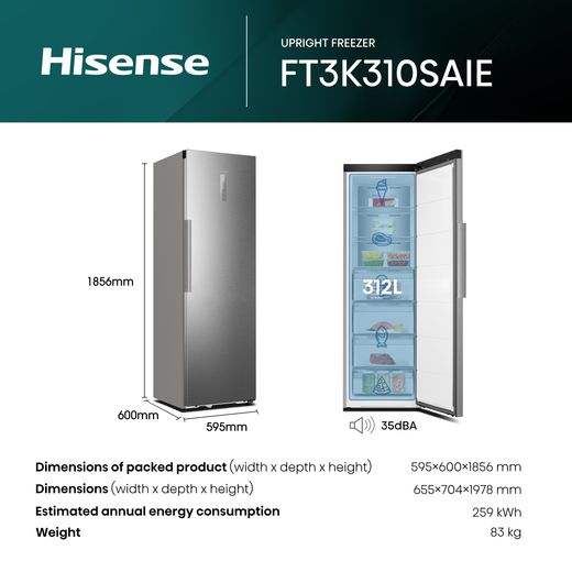 Hisense FT3K310SAIE 186cm Upright Freezer - Silver - Annotation - dimension shot 