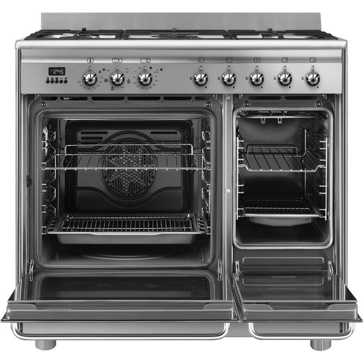 CX92GM Stainless Steel 90cm  Double Cavity Dual Fuel Cooker - Front with door open shot