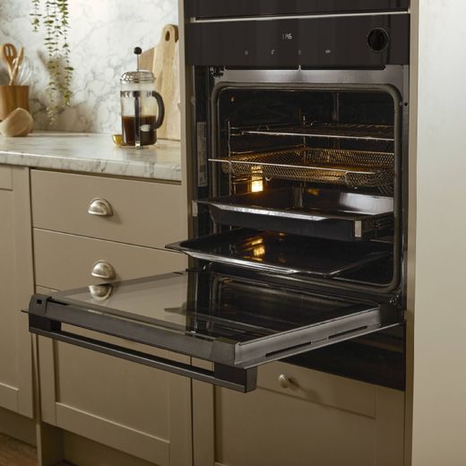 Hisense Hi6 BlackLine BSA66346ADBGUK Wifi Connected Built In Electric Single Oven - Jet Black - Oven with door open shot