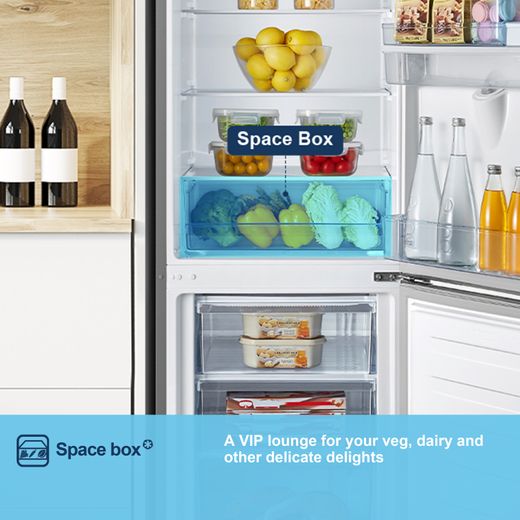 Fridgemaster MC55265DES 180cm 70/30 Fridge Freezer - Silver - Annotation - Space box