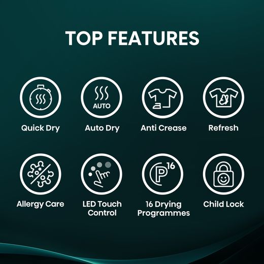 Hisense 1i KitchenFit Series DH1I800UBEEA 8Kg Heat Pump Tumble Dryer - Black - annotation - top feature shot