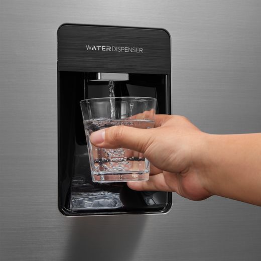 Midea American Fridge Freezer - Stainless Steel  - person using water dispenser shot