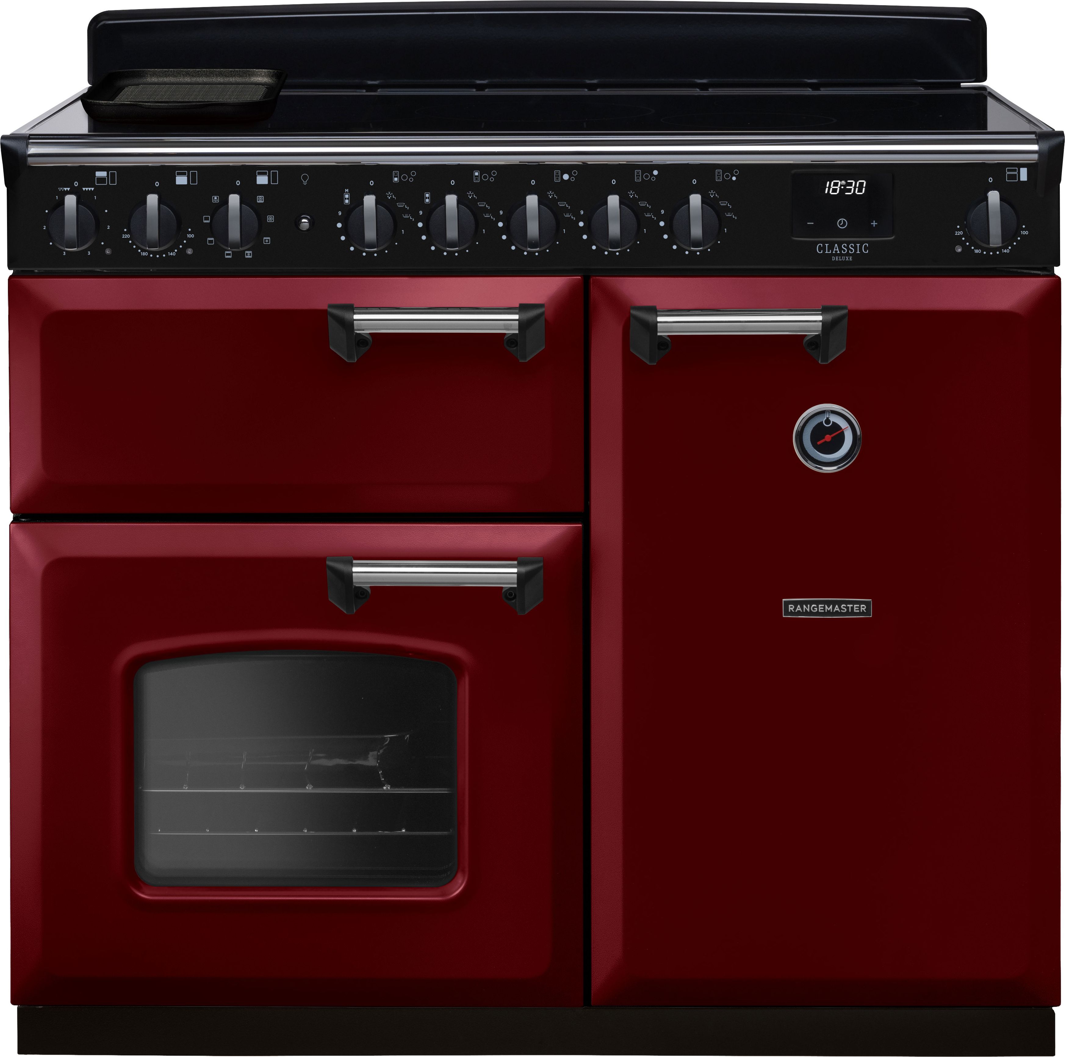 Image of Rangemaster Classic Deluxe CLDL100EIPBOR/CM1 100cm wide Electric Range Cooker with Induction Hob - Bordeaux / Chrome - A/A Rated, Red