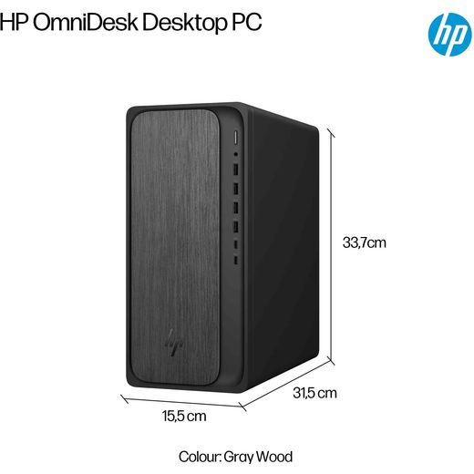 HP OmniDesk M02-0006na Tower - AMD Ryzen™ 5, 512GB SSD 2025 - Gray Wood - Dimensions
