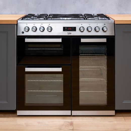Beko 90cm Dual Fuel Range Cooker - Stainless Steel - Range cooker in kitchen shot