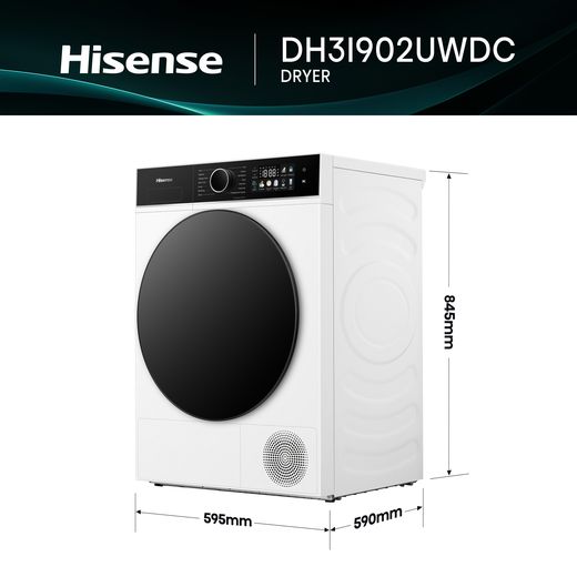 Hisense 3i KitchenFit Series DH3I902UWDC Wifi Connected 9Kg Heat Pump Tumble Dryer - White - Dimensions