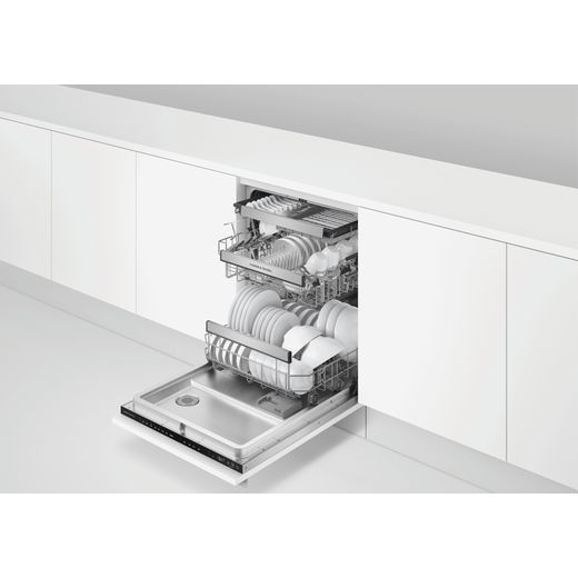 Fisher & Paykel Series 7 Fully Integrated Standard Dishwasher - Black with Fixed Door Hinge Kit - Door open and racks out in kitchen