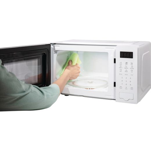Hisense H20MOWS4UK 20 Litre Microwave - White - Left perspective open door person cleaning