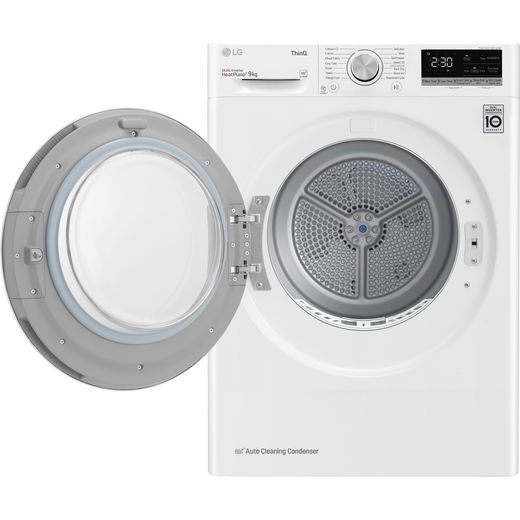 LG Series 4 ThinQ™ FDV709W Wifi Connected 9Kg Heat Pump Tumble Dryer - White  - front with door opens hot