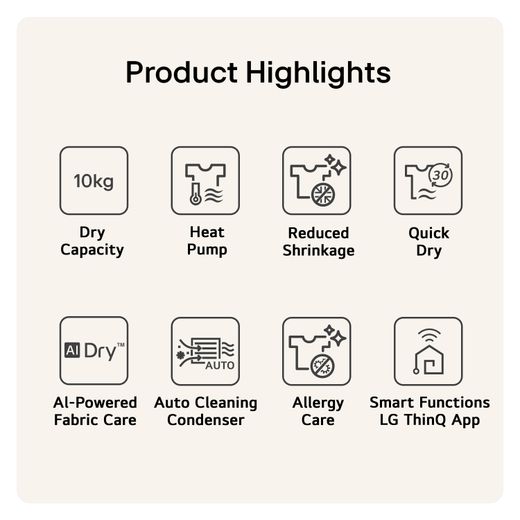 LG Series 7 AI Dry™ RHX7010TBB Wifi Connected 10Kg Heat Pump Tumble Dryer - Black - Annotation - Product hghlights