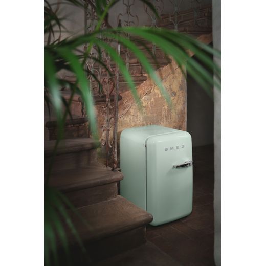 FAB5RPG6 40cm Small 50s Style Right Hand Hinged Minibar Pastel Green - Fridge next to steps shot 