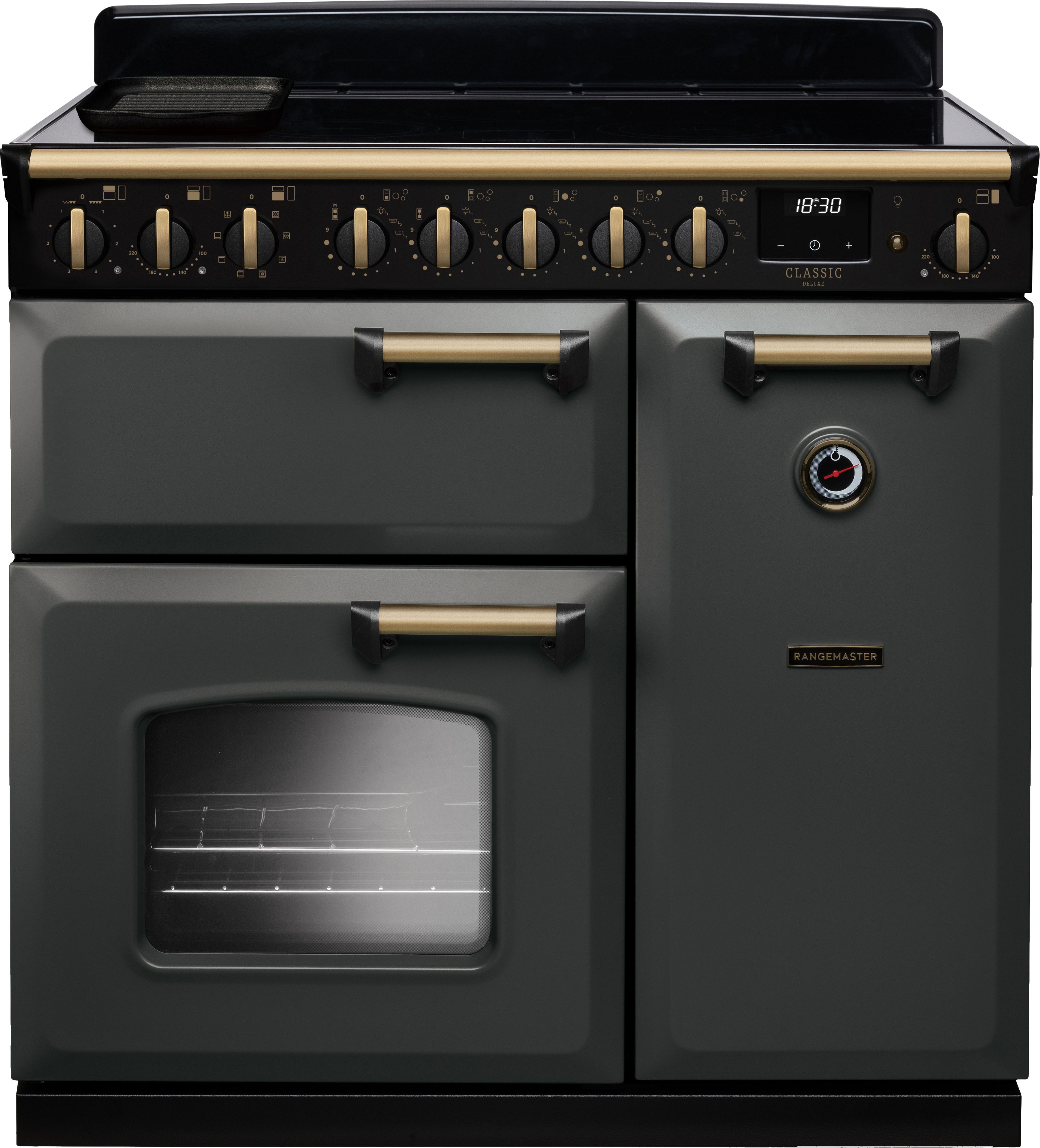 Image of Rangemaster Classic Deluxe CLDL90EIPSLT/AB1 90cm wide Electric Range Cooker with Induction Hob - Slate / Antique Brass - A/A Rated, Grey