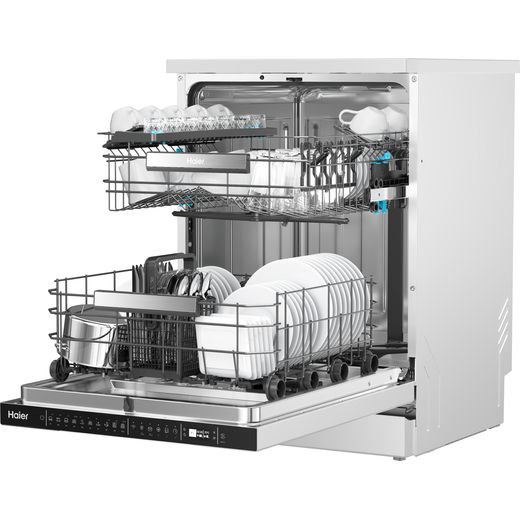 Haier I-Pro Shine Series 7 Standard Dishwasher - White - Left perspective with door open shot