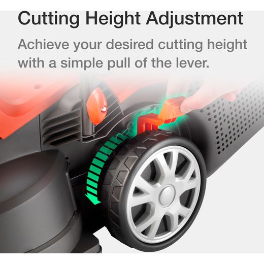 Flymo Speedi-Mo 360C Corded Lawn Mower - Orange - annotation - cutting height shot