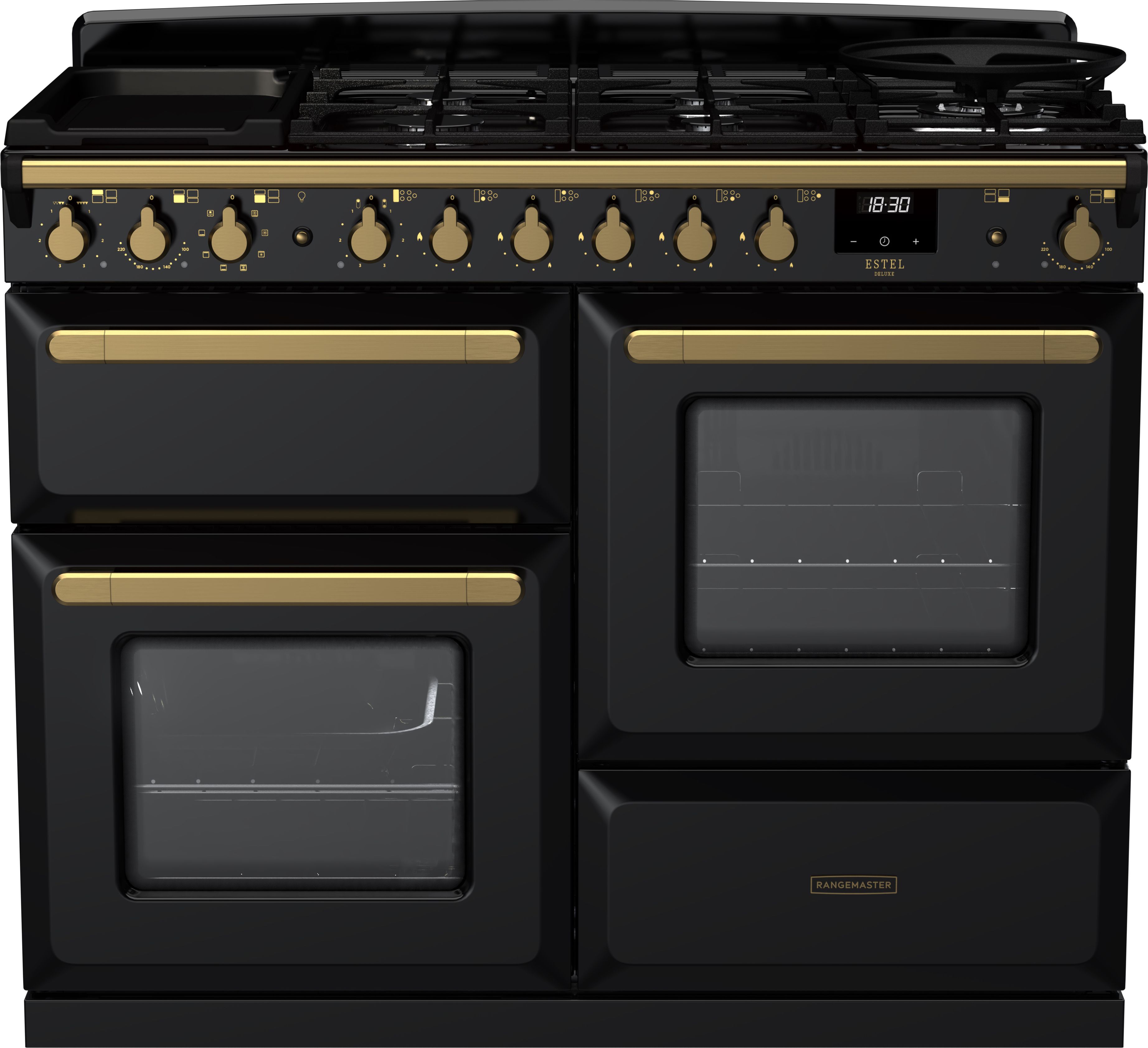 Image of Rangemaster Estel Deluxe ESDLO110DFPGBL/AB1 110cm wide Dual Fuel Range Cooker with Gas Hob - Black / Antique Brass - A/A Rated, Black