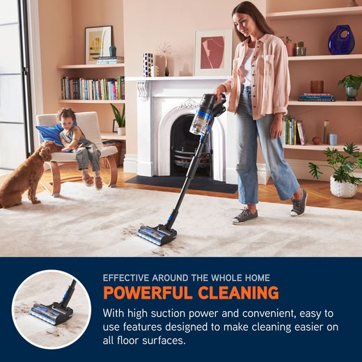 Vax HomePro Detect Pet Cordless Vacuum Cleaner with up to 45 Minutes Run Time - Blue / Graphite - Annotation - powerful cleaning shot