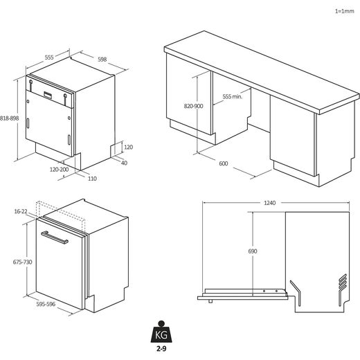 Hoover H-DISH 500 Fully Integrated Standard Dishwasher - Anthracite - annotation - dimension shot 