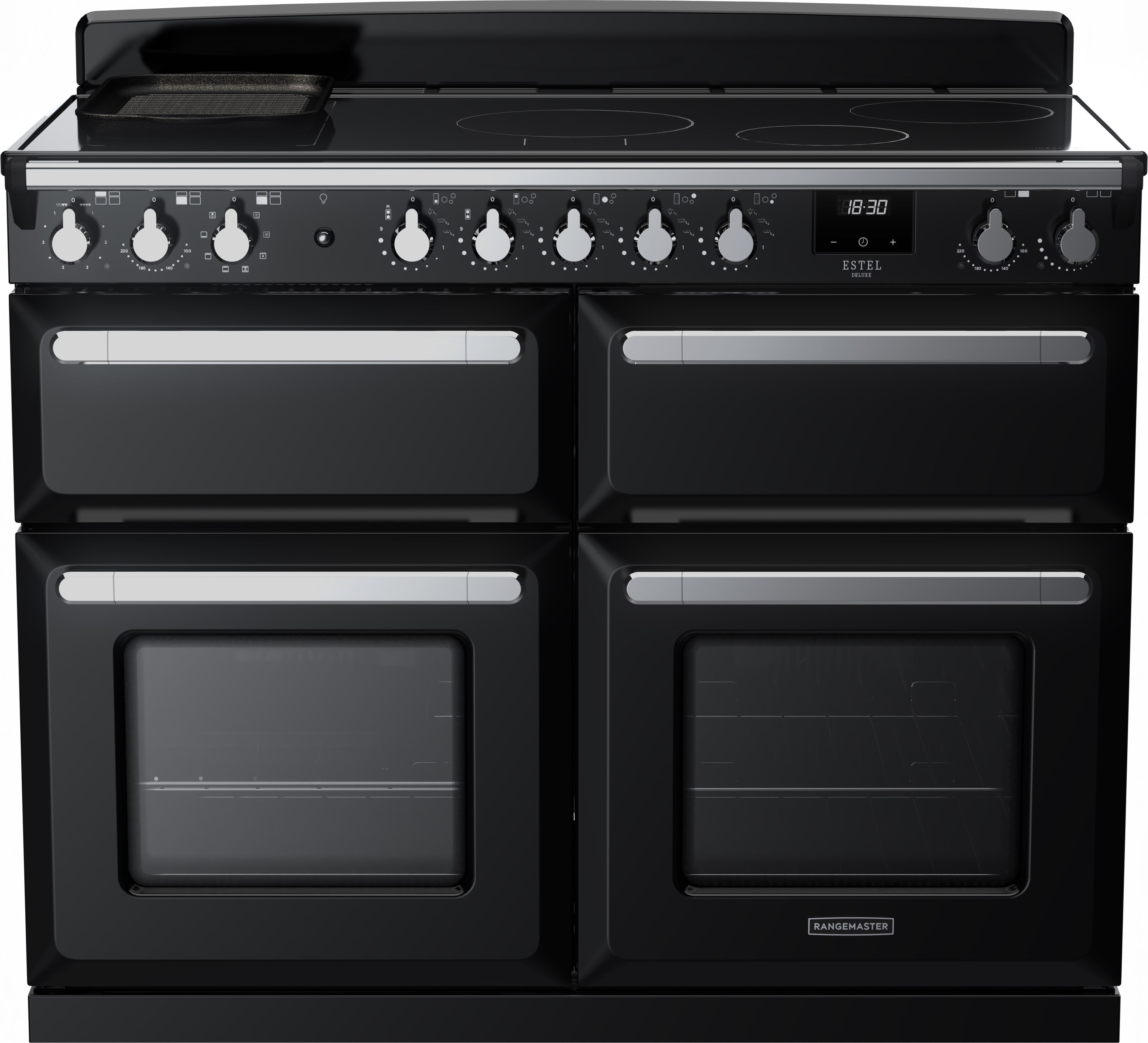 Image of Rangemaster Estel Deluxe ESDLB110EIPGBL/CM1 110cm wide Electric Range Cooker with Induction Hob - Black / Chrome - A Rated, Black