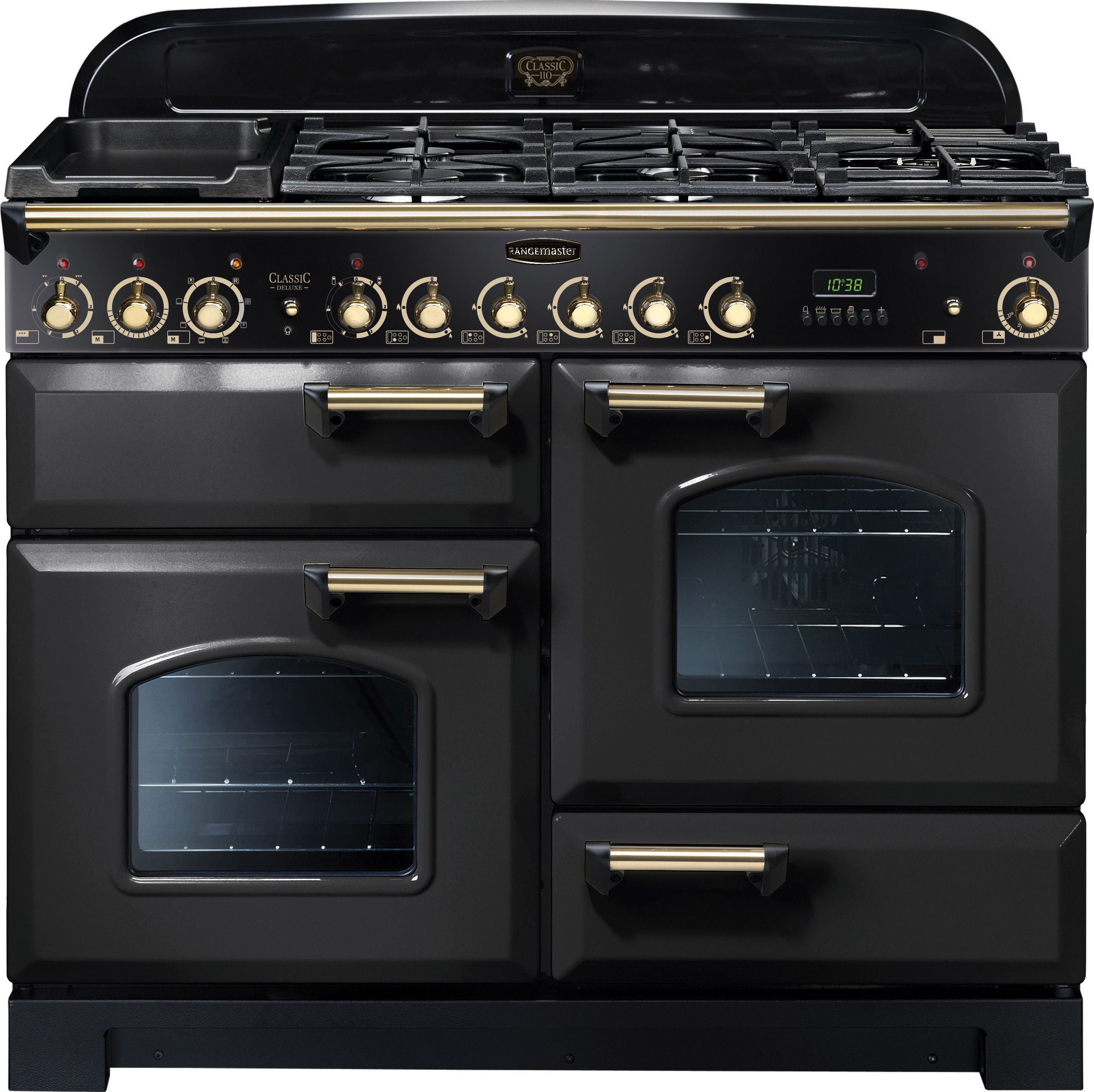 Rangemaster Classic Deluxe CDL110DFFCB/B 110cm Dual Fuel Range Cooker - Charcoal Black / Brass - A/A Rated, Black